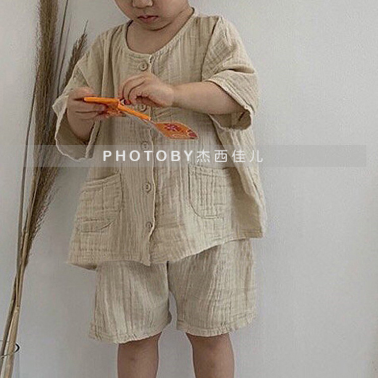 Picture of Children's Summer Korean Style New suit Vintage Mori Cotton Linen Wrinkle Single-breasted Loose Casual suit for Boys and Girls 2