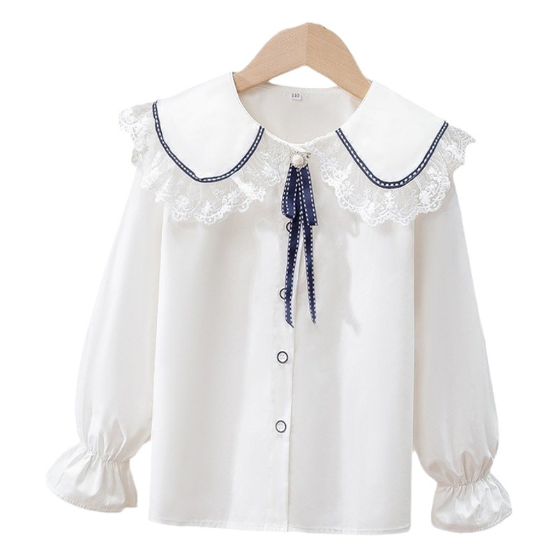 Spring 2024 Spring Children's Shirt Girls French Ledge Collar White Shirt Women Treasure Design Long Sleeve Shirt