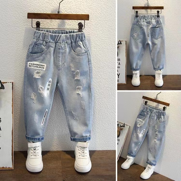 Boys' Pants Spring and Autumn 2024 New Light Color Children's Jeans Small and Medium-sized Children's Fried Street Casual Trousers Trendy Brand