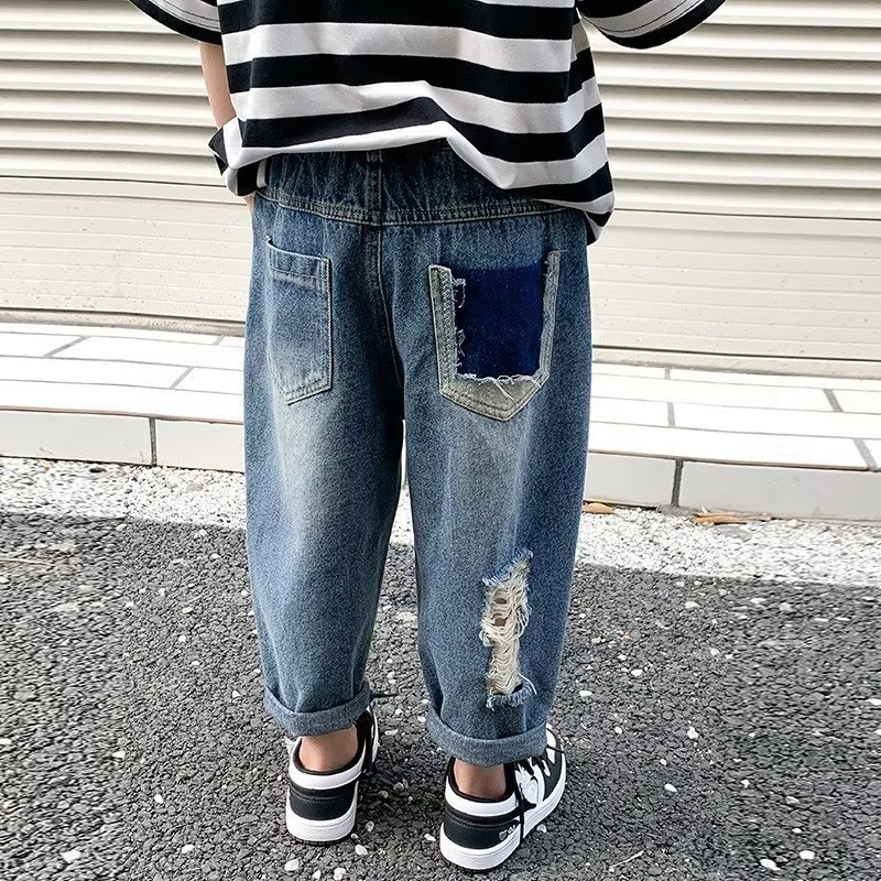 Boys' jeans 2023 Spring and Autumn new summer Middle and big children boys' pants children's ripped Denim pants