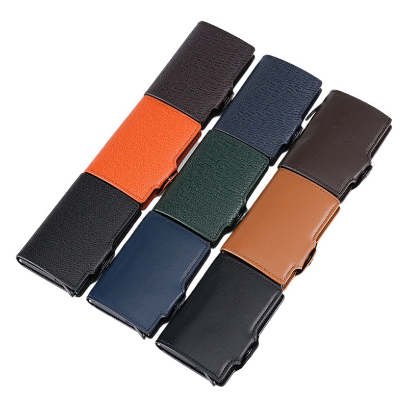 New cross-border automatic pop-up card case RFID metal bottom press aluminum card box shielding anti-theft brush PU card holder wholesale