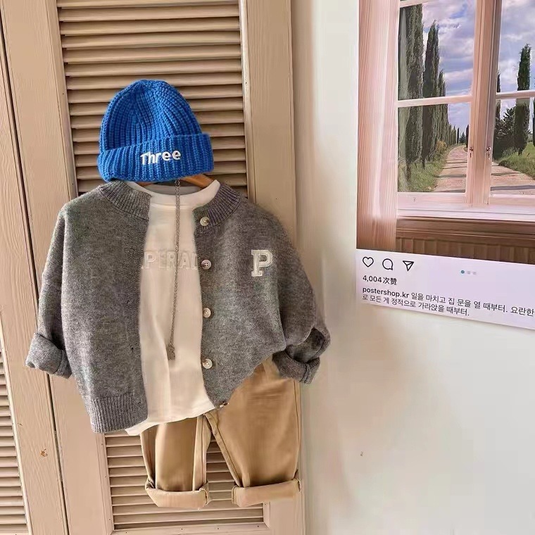 Picture of Trendy children's sweater 2023 spring new boys and girls round neck solid color letter wool cardigan baby casual coat