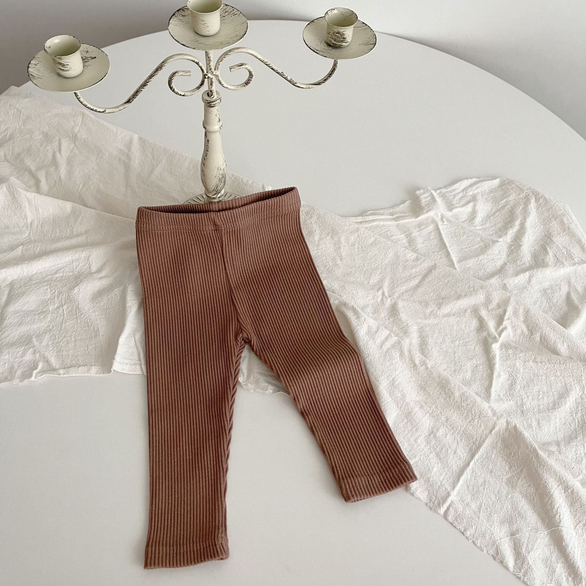 Picture of ins Spring and Autumn Boys and Girls Stretch Leggings Autumn Trousers Children's Solid Color Knit Rib Pants for Baby Girls