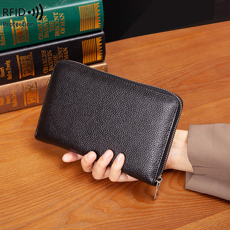 Wallet leather new RFID litchi pattern long Passbook bag multi-functional ID bag large capacity clutch