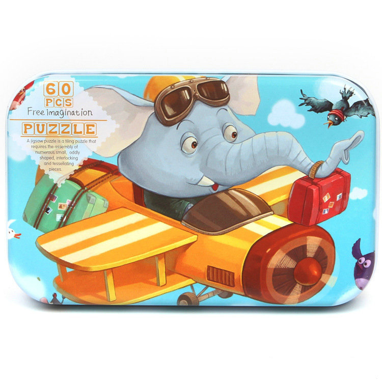 Picture of 60 pieces iron box puzzle children's educational kindergarten early education cartoon wooden puzzle toy generation