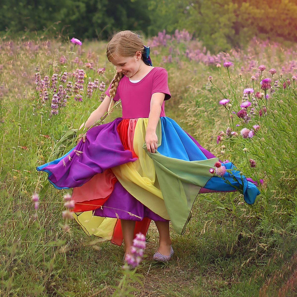 Picture of Foreign trade summer new girls skirt short sleeve rainbow stitching mesh dress girls rainbow princess dress wholesale