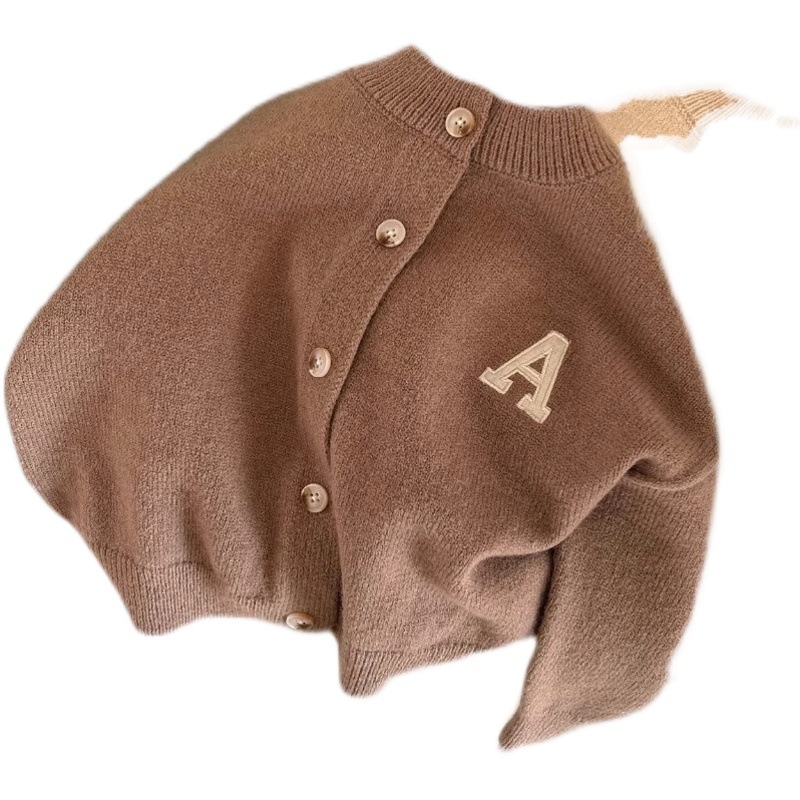 Trendy children's sweater 2023 spring new boys and girls round neck solid color letter wool cardigan baby casual coat