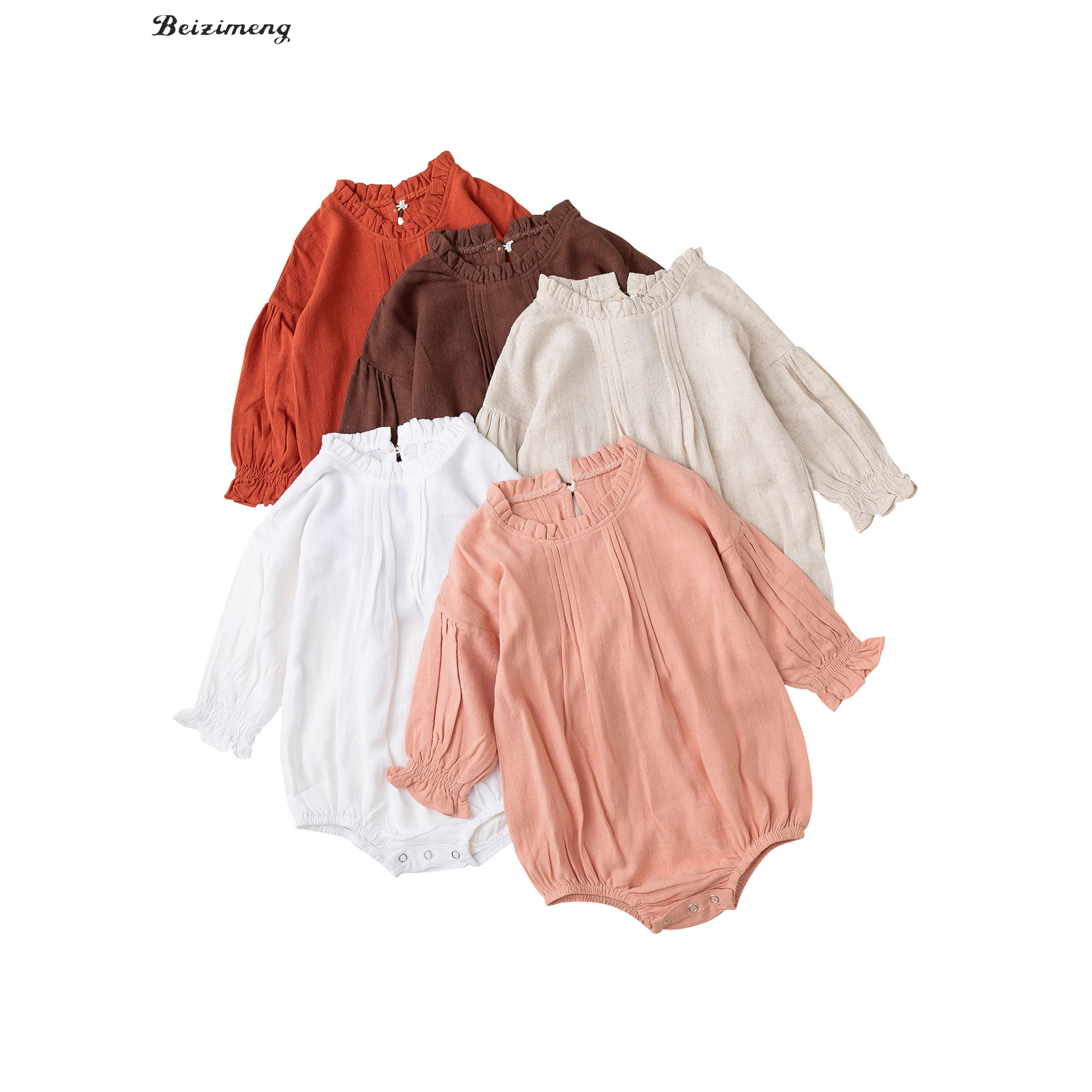 Picture of Cross-border ins European and American Climbing Wear Long-sleeved jumpsuit Solid Color Linen Hatshirt Wrap Baby Girl Baby Clothes