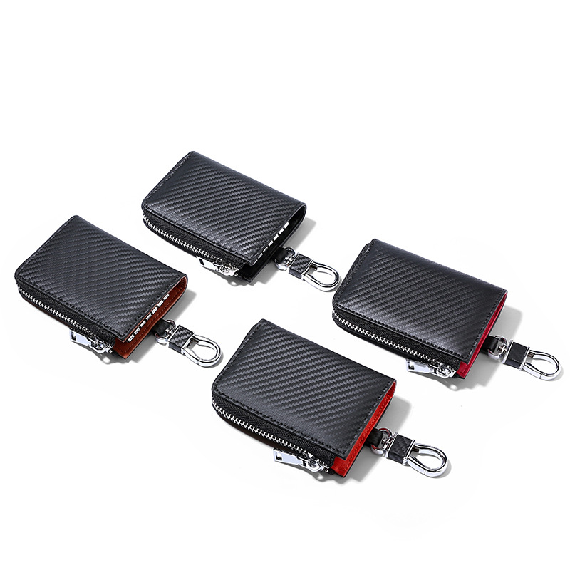 Picture of Matte Carbon Fiber Pattern Leather Key Case Men's Multifunctional Contrast Color Zipper Cowhide Key Chain Card Holder 2-in -1