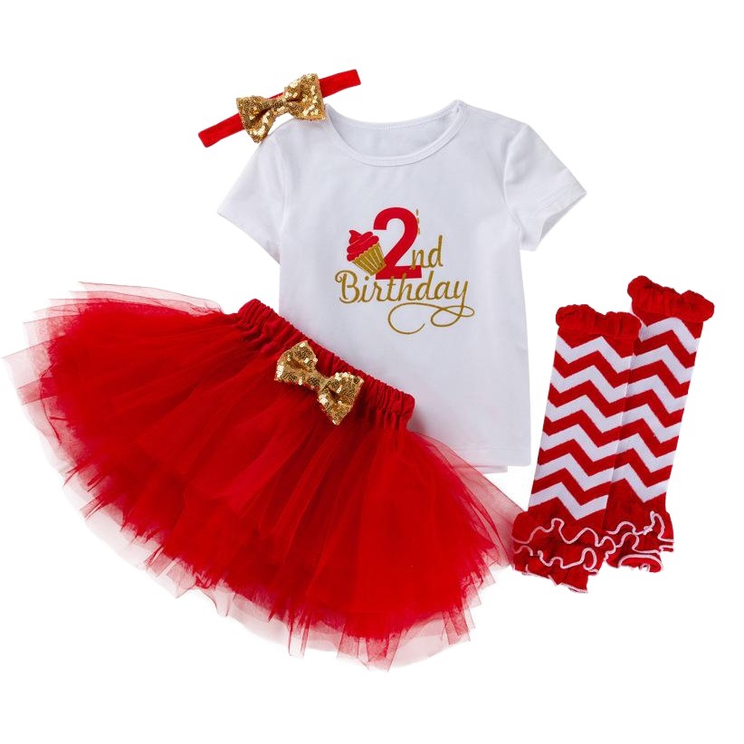 Cross-border Amazon European and American baby girls' birthday clothes 4-piece letter short-sleeved T-shirt princess dress socks suit