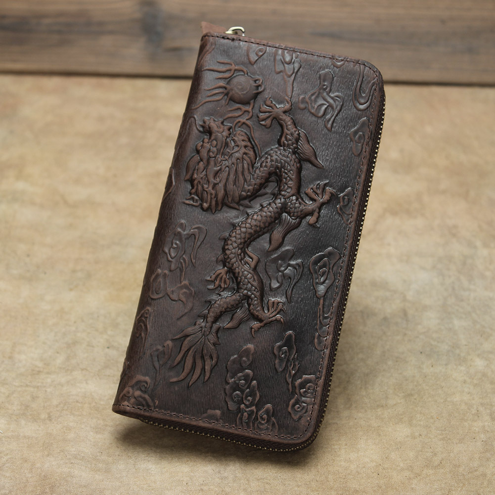 Picture of Shi Cangxin Vintage Crazy Horse Leather Dragon Pattern Wallet Embossed Genuine Leather Clutch Embossed Tiger Pattern Chain Card Bag