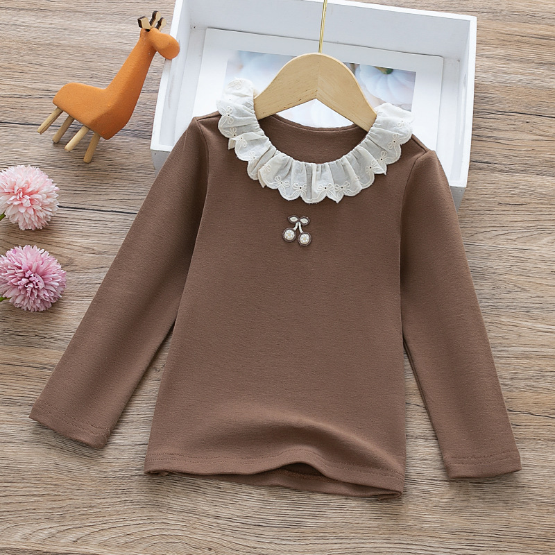 Autumn New Children's Wear Children's Korean Style Hot Stamping Solid Color Base Shirt Llace Collar Girls' Spring and Autumn Sanding T-Shirt 20131