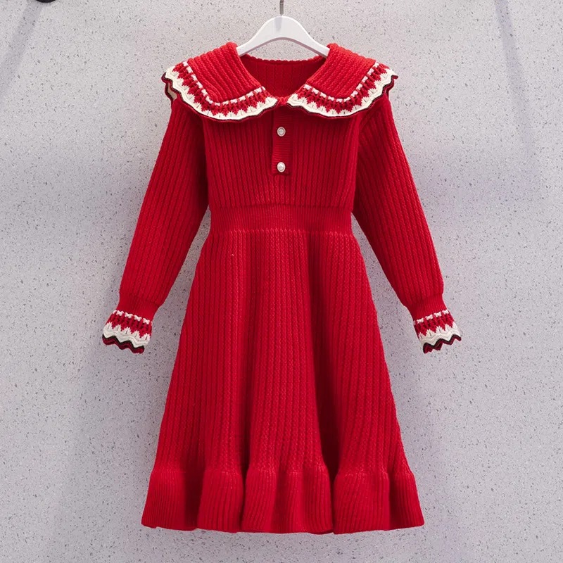 Picture of Girls' Fragrant Style Sweater Dress Autumn and Winter Mid-Big Kids Stylish Lapel Sweater Knitted Dress Winter Inner Skirt