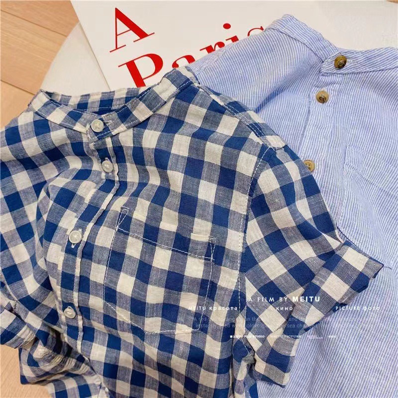 Picture of Children's Shirt 2024 Summer New Boys and Girls Plaid Casual Striped Washed Cotton Shirt Stand Collar Short-sleeved Shirt Trendy