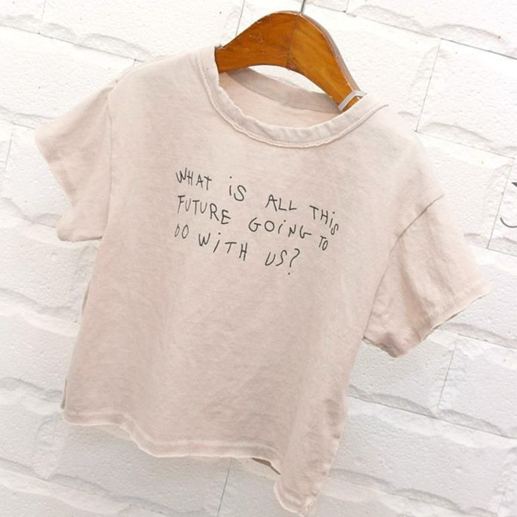 Picture of Summer New Children's Casual Top Korean Style Simple Soft Crewneck Letter Printed Cotton Short-sleeved T-shirt for Boys and Girls