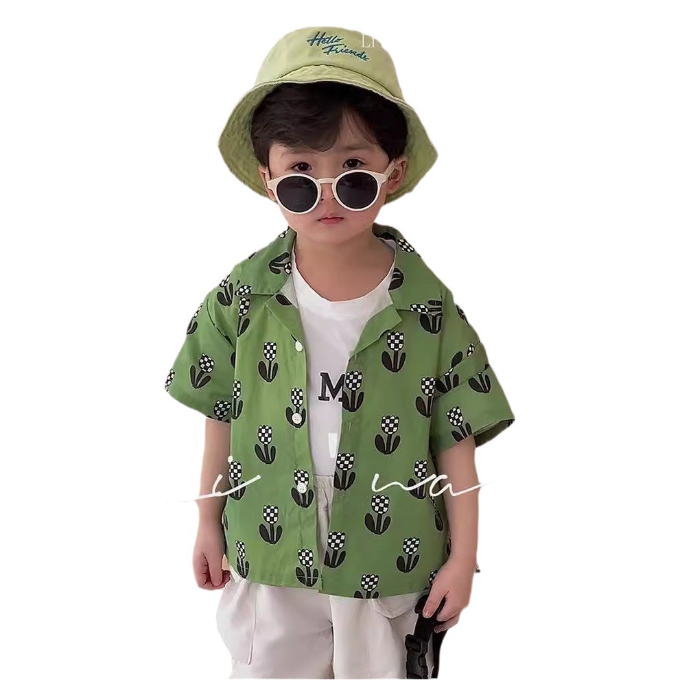 24 New Summer Style Boys' Floral Shirts Kidsren's Leopard Print Holiday Style Environmentally Friendly Digital Printed Tops Baby Cotton Short Sleeves