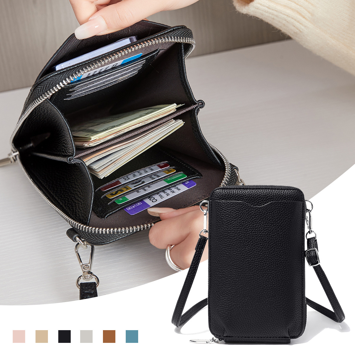 Picture of Cross-border New Litchi Pattern Vertical Zipper Mobile Phone Bag Foreign Trade Mini Large Capacity Women's Shoulder Bag Crossbody Bag