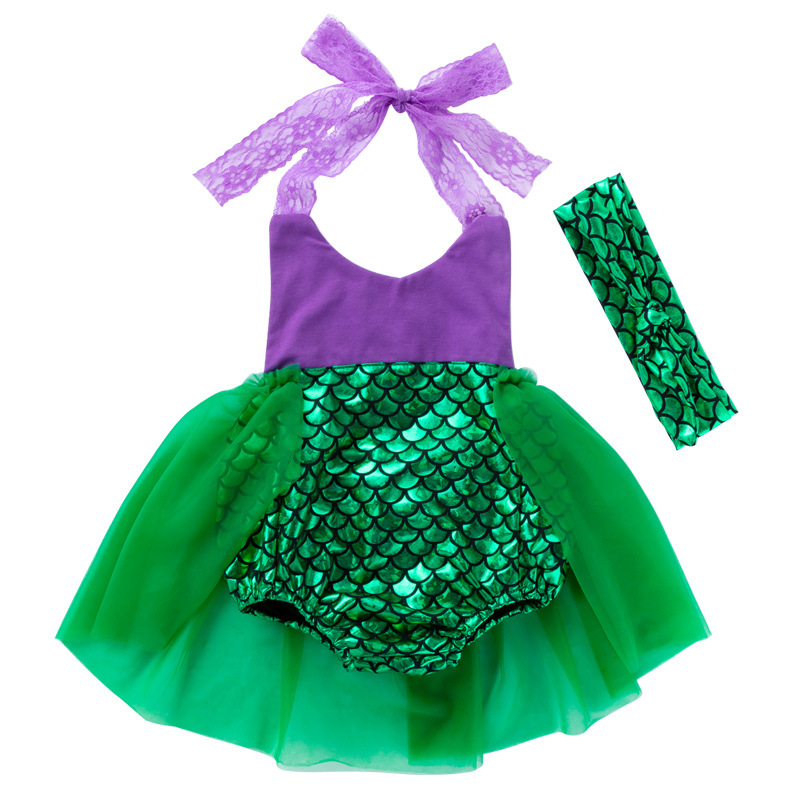 Picture of Baby Summer Mermaid Lace Suspender Dress 0-3 Years Old Cut Out Bellyband Skirt Hair Accessories Set Wholesale