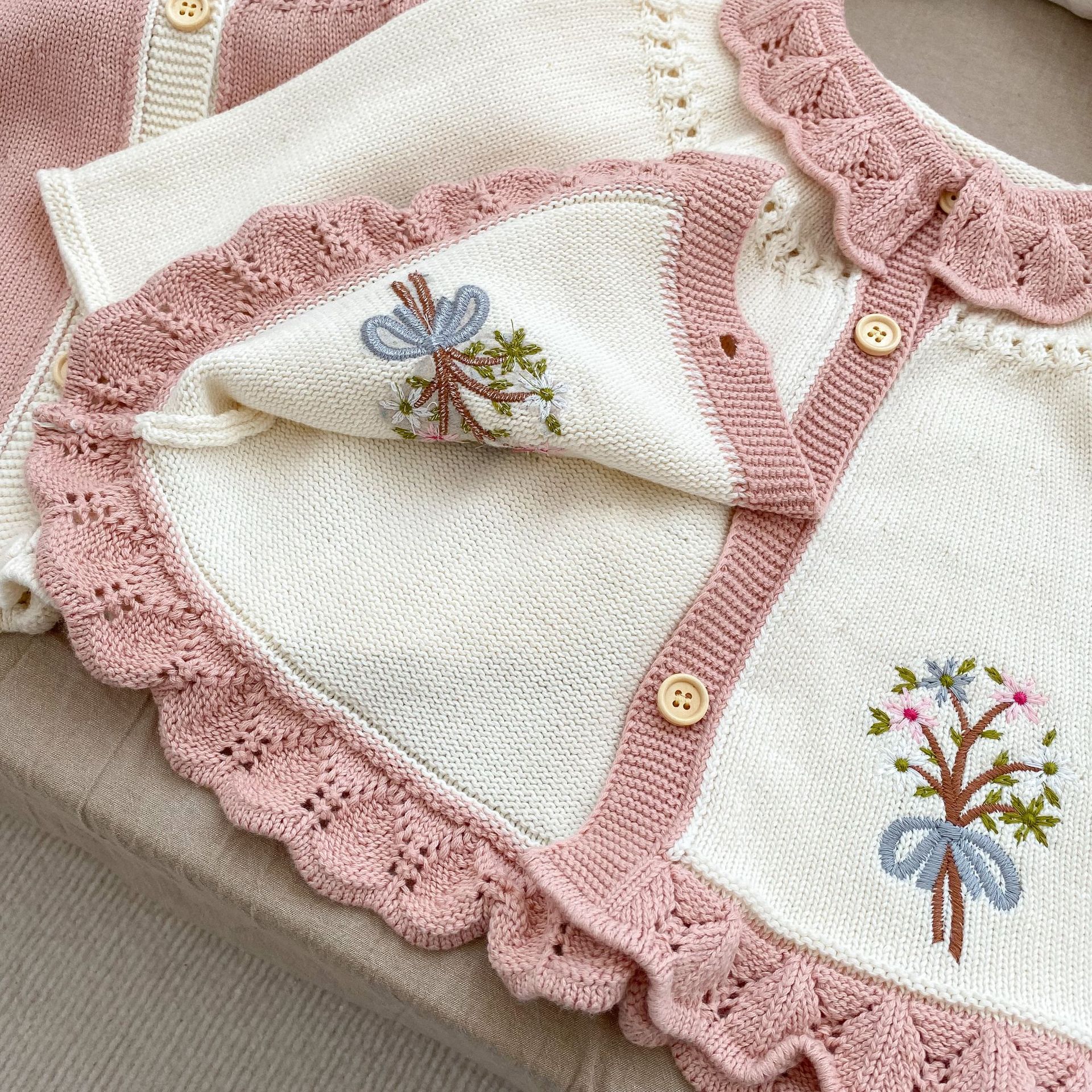 Picture of Ins2025 Spring and Autumn Baby Girl Retro Embroidered Cardigan Jacket Western Style Ruffled Lapel A-Line Long Sweater