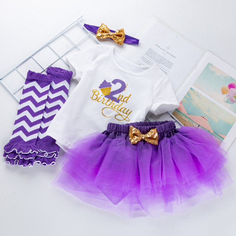 Picture of Cross-border Amazon European and American baby girls' birthday clothes 4-piece letter short-sleeved T-shirt princess dress socks suit