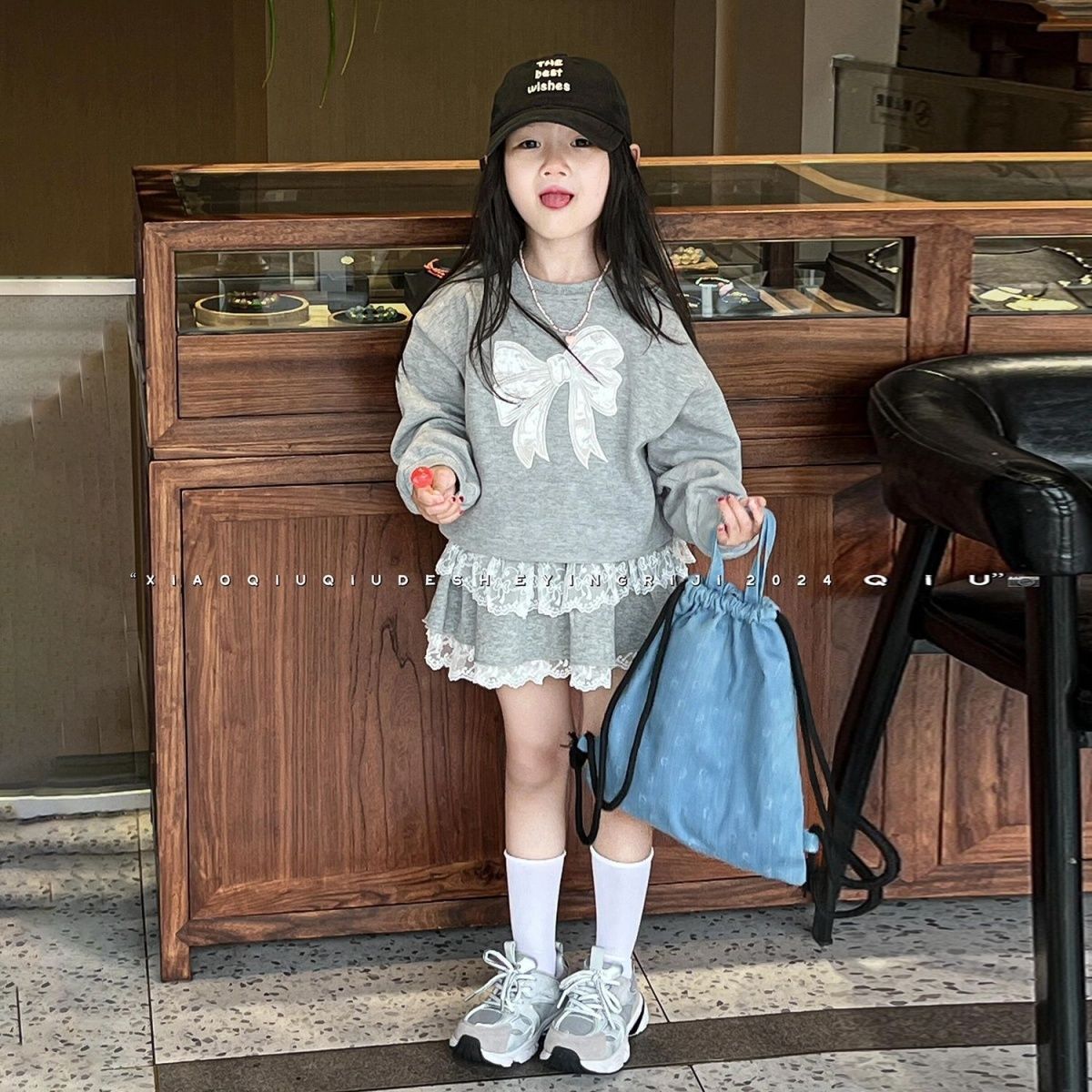 Girls' suit 2024 New Spring and Autumn Children's Baby Korean Style Foreign Style Bow Sweat Skirt Two-Piece Set