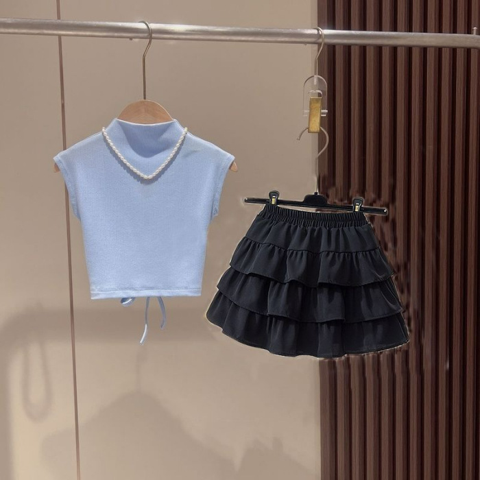 Picture of Girls Summer Suit 2025 New Kidsren's Short-Sleeved T-Shirt Pleated Skirt Two-Piece Set Baby Girl's Culottes Fashionable Summer Dress