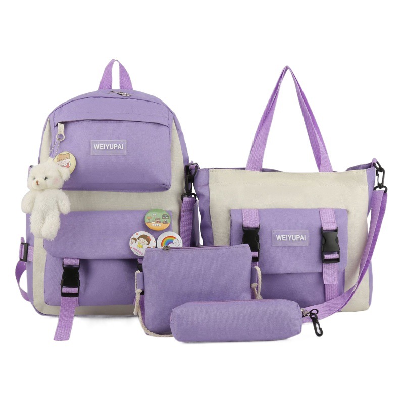 Weiyu Pie Hot Selling Canvas Student Backpack Korean Style Fashion Harajuku Junior High School Campus School Bag Four-Piece Backpack