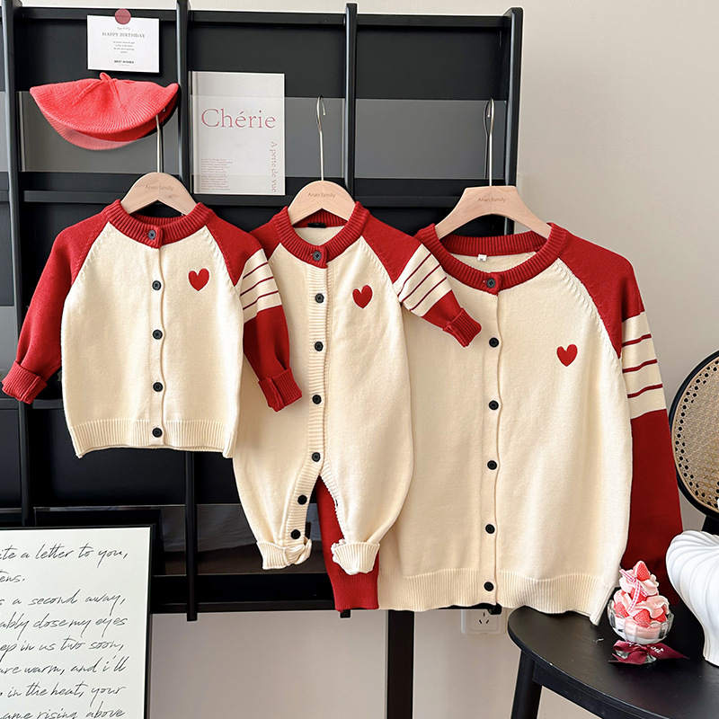 Picture of Family Matching Outfits 2025 Autumn New Style for a Family of Three Color-Block Striped Heart Knit Sweater Cardigan Jacket Family Portrait