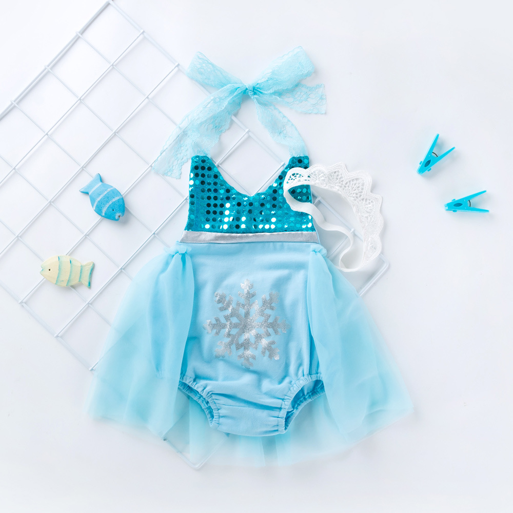 Picture of Baby Summer Mermaid Lace Suspender Dress 0-3 Years Old Cut Out Bellyband Skirt Hair Accessories Set Wholesale