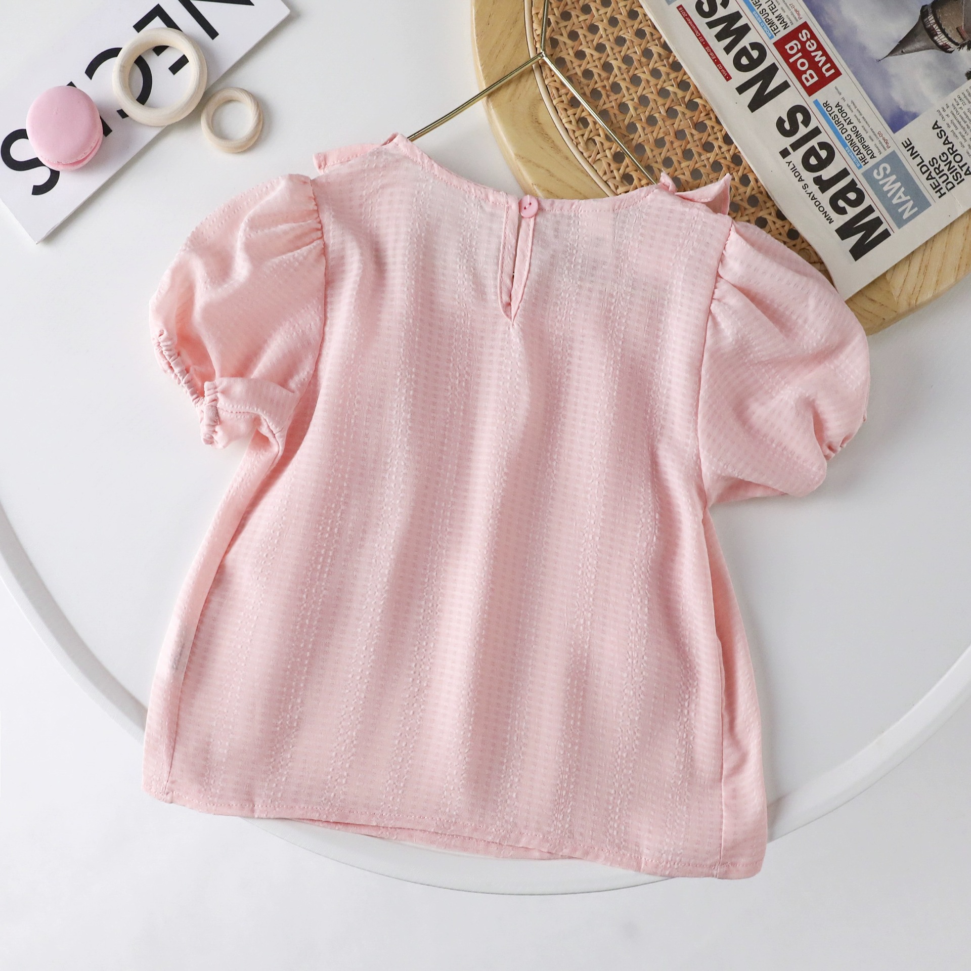 Picture of Girls Summer Shirt 2025 New Baby Girl Fashionable Puff Sleeve Ruffled Princess Style Chiffon Short Sleeve Sun Protection