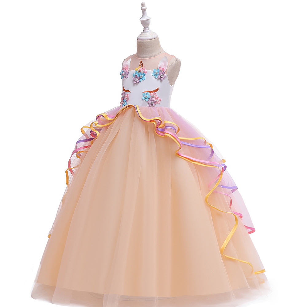 Picture of 2024 Older Children's Long Dress Colorful Mesh Cake Puff Skirt Unicorn Princess Dress Holiday Performance Dress