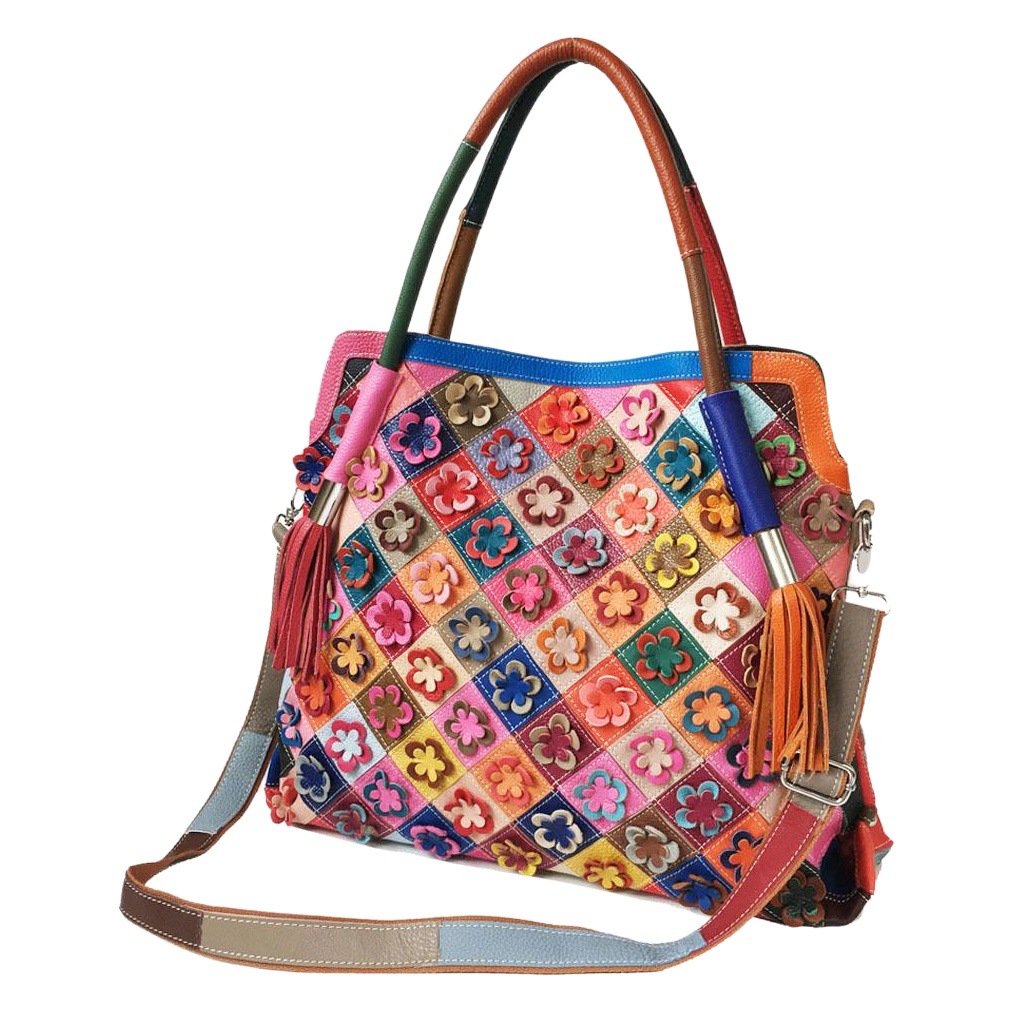 New Style Genuine Leather Women's Bag Top Layer Cowhide Shoulder Bag Crossbody Bag Flower Colorblock Leather Bag Large Size
