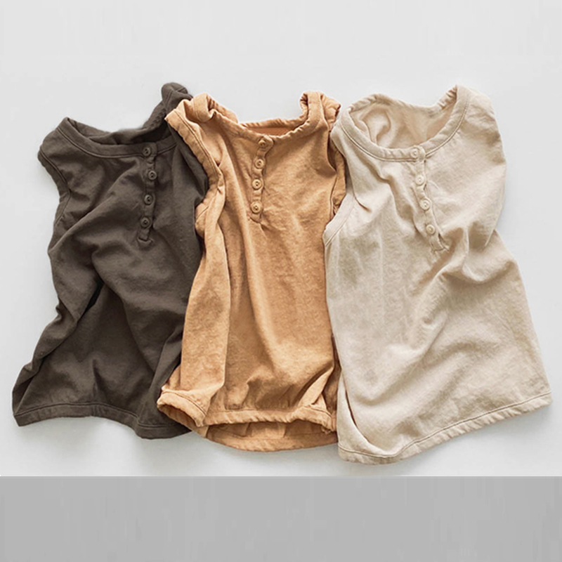 Picture of 2023 Summer Korean Children's Wear New Boys and Girls Korean Cotton Button Sleeveless Vest Solid Color Round Neck T-Shirt 5