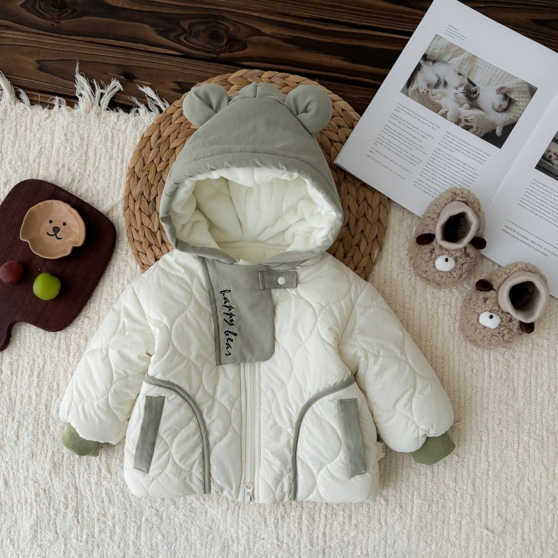 2024 Winter New Men's Baby Cotton Korean Super Cute Ear Outfit Thickened Winter Cotton Coat