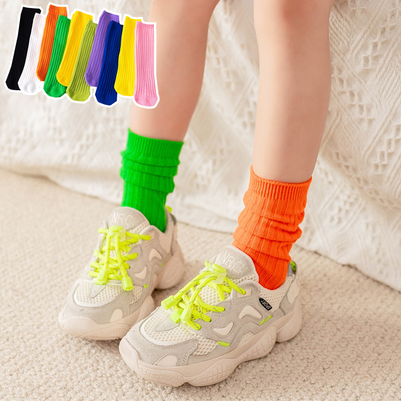 Children's Pile Socks, Straight Heelless Double-Needle Stripesd Mid-Calf Socks, Large and Small Kidsren's Bright Color Pure Color Versatile Family Socks