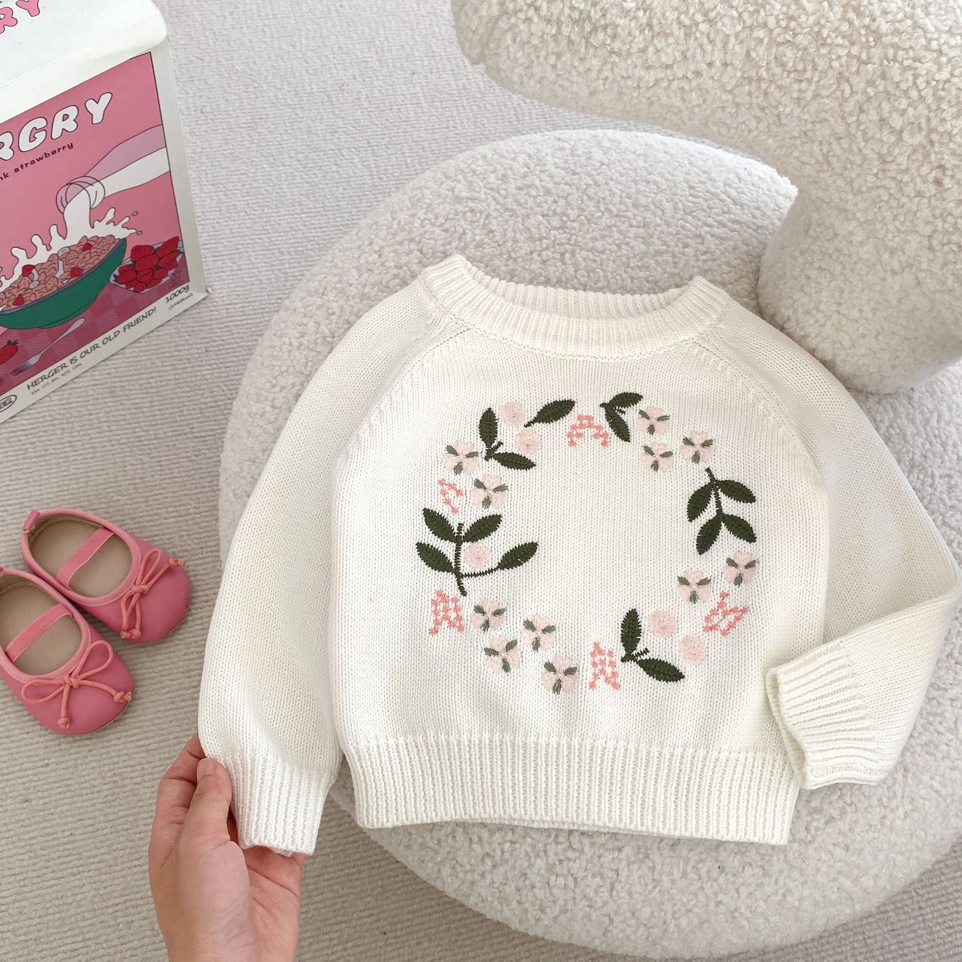 Picture of Ins 2025 New Autumn Popular Style Baby Girl Infant Kids Round Neck Knitwear Flower Embroidered Pullover Top