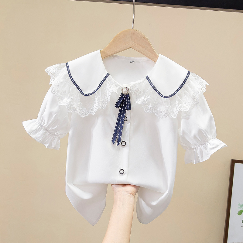 Picture of Spring 2024 Spring Children's Shirt Girls French Ledge Collar White Shirt Women Treasure Design Long Sleeve Shirt