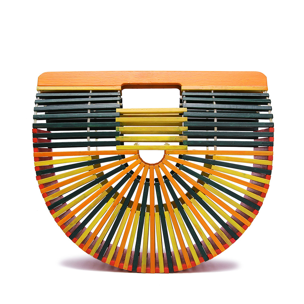 Women's Hand-held Hollow Bag Pure Handmade Beach Color-matching Straw-woven Bag Ins Super Popular European and American Hand-held Bamboo-wood-rattan Bag
