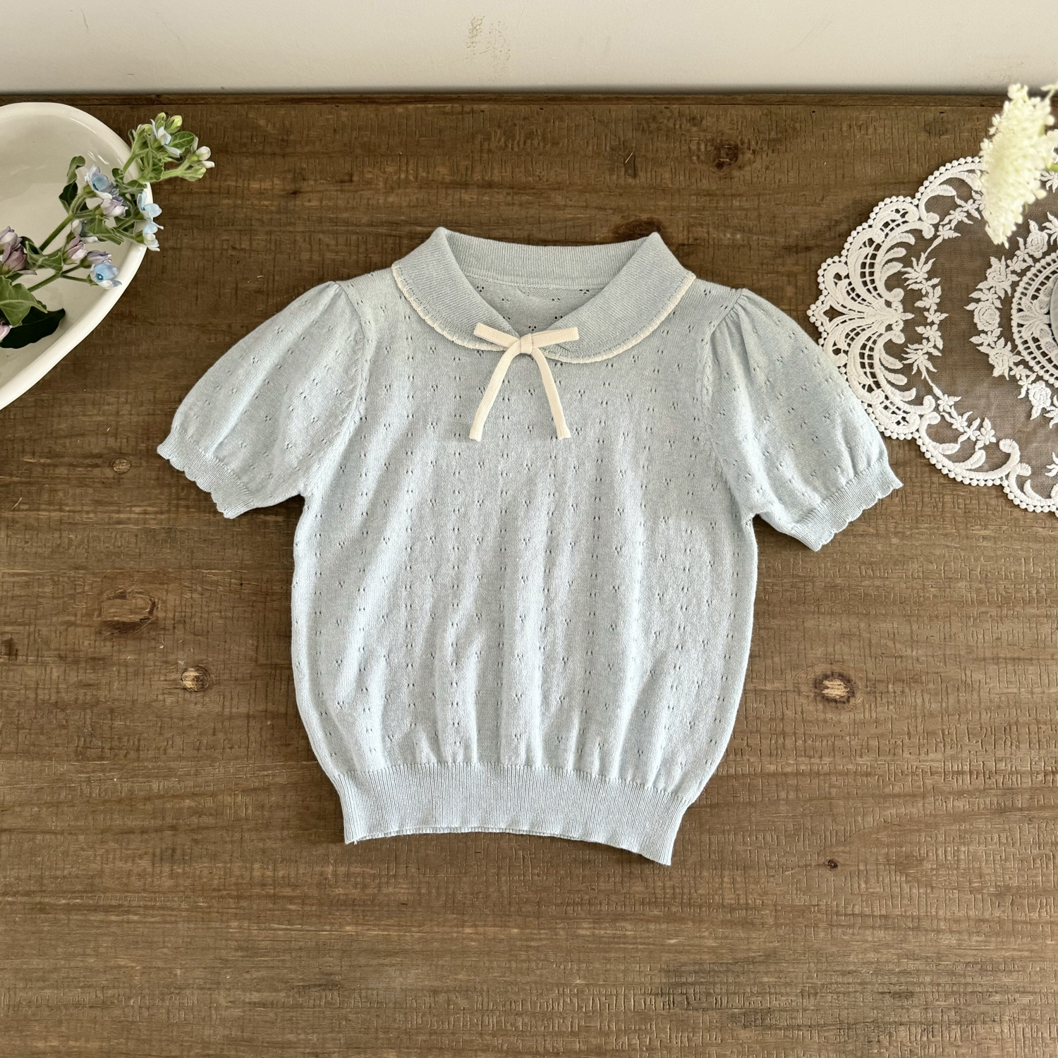 Picture of Japanese Children's Wear Girls Short-sleeved Sweater with Laps Cute Bow Short-sleeved T-shirt Ins Women's Short-sleeved Top