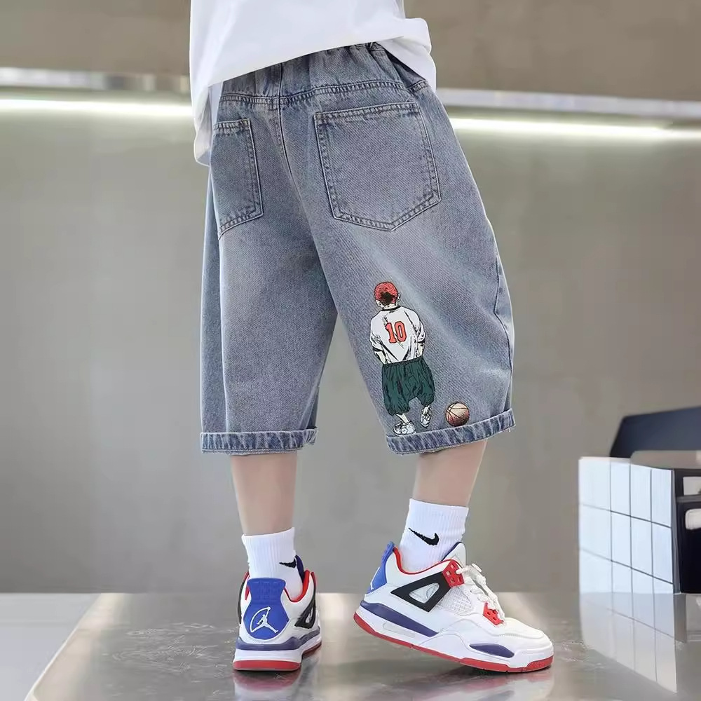 Summer Boys' Thin Printed Shorts Loose Pants Medium and Big Children's Jeans Casual Pants Loose Fashion Joker