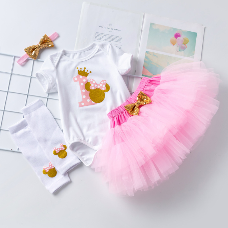Picture of Cross-Border Children's Clothing Wholesale 4-Piece Set Baby Girl Birthday Set 1-Shaped Short-Sleeved Harem Skirt Socks Set Hair Accessories Set