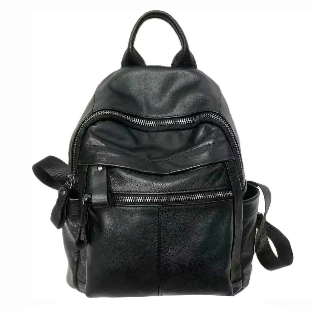 In-Stock Petite Black First Layer Cowhide Korean Style Trendy Versatile Backpack Soft Leather Bag Wholesale