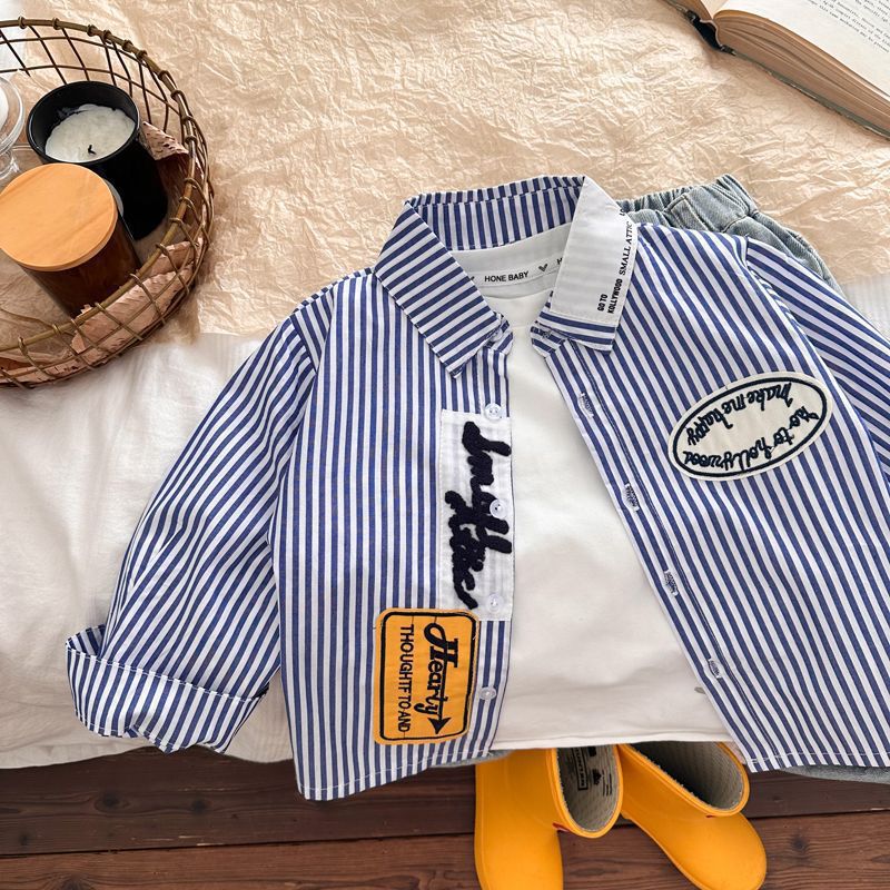 Boys Korean Style Shirt 2024 Autumn New Blue and White Striped Long Sleeve Top Baby Lapel Shirt Fried Street Thin Korean Style