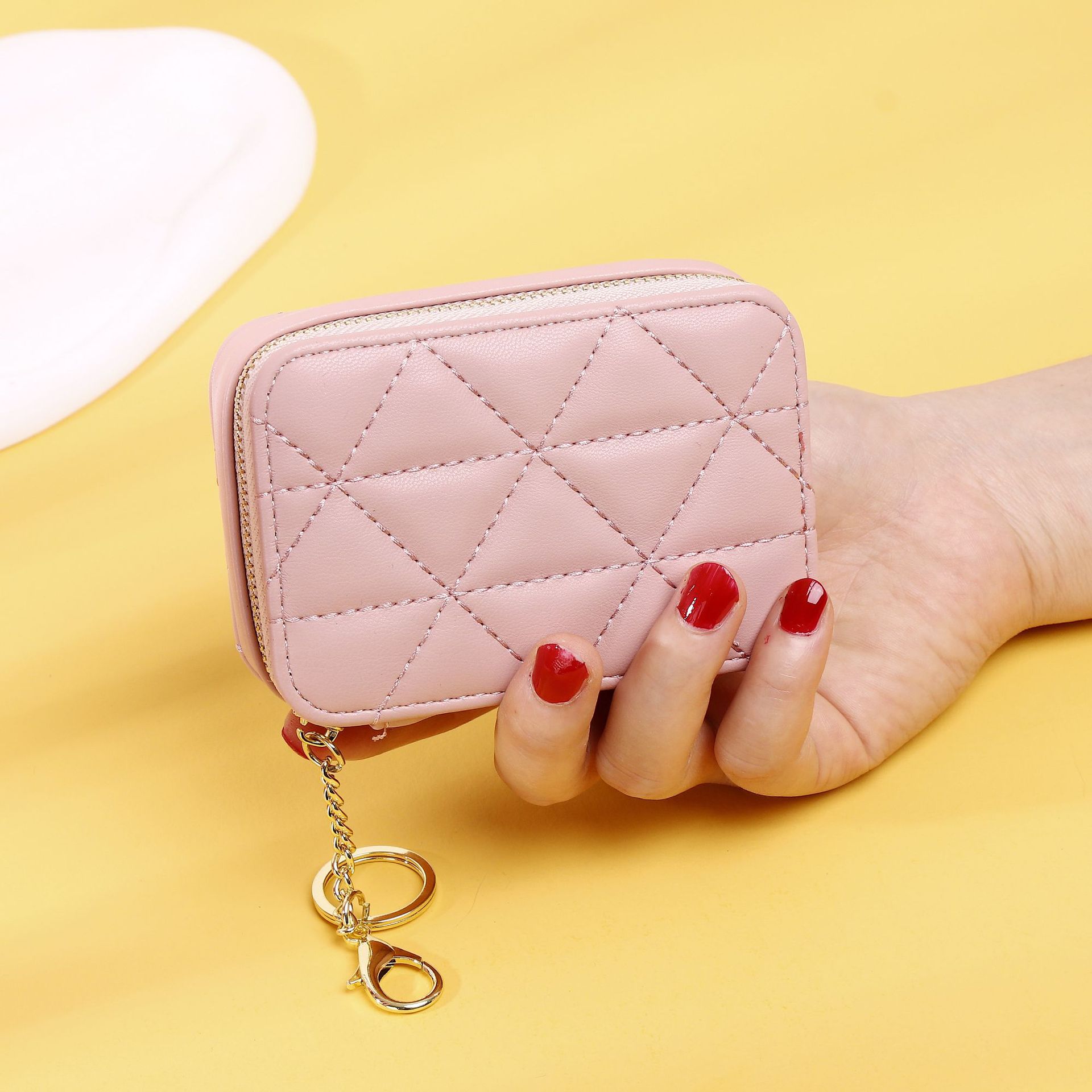 Picture of New Mini Mini Red Envelope with Mirror Mouth Rhombus Embroidery Line Exquisite Portable Keychain Makeup Bag