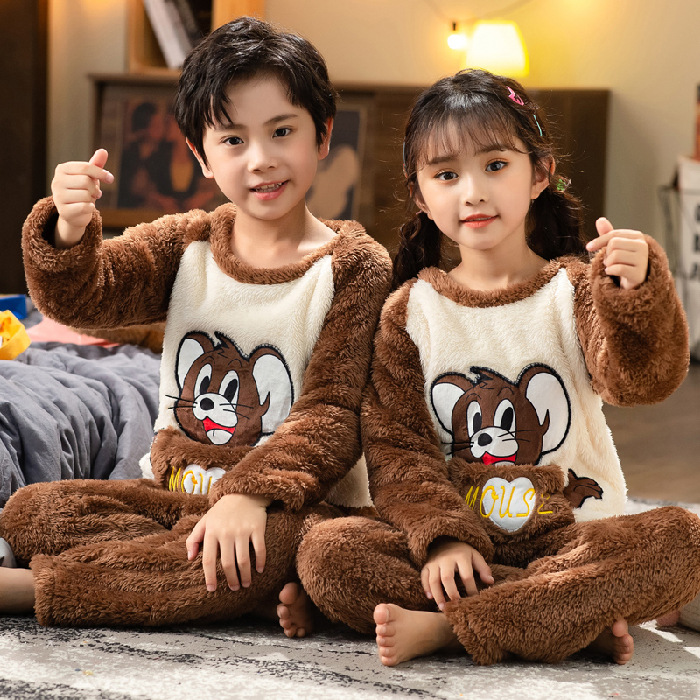 Picture of Children's Pajamas Winter Flannel Cute Boys' and Girls' Thickened Coral Fleece Plush Home Clothes
