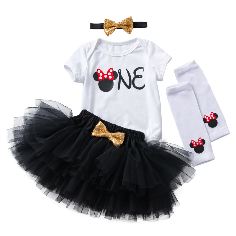 Picture of Cross-Border Children's Clothing Wholesale 4-Piece Set Baby Girl Birthday Set 1-Shaped Short-Sleeved Harem Skirt Socks Set Hair Accessories Set