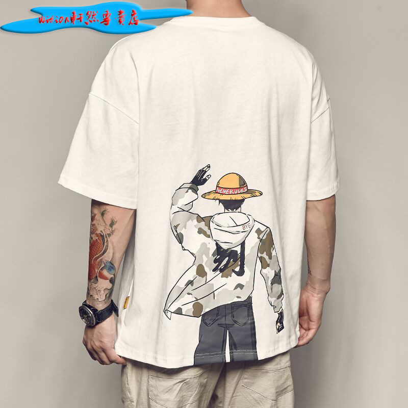 Summer Luffy Printed Short-sleeved T-shirt Men's Extra Large Size Loose Half-sleeved Couple's Fat Trendy Brand T-shirt