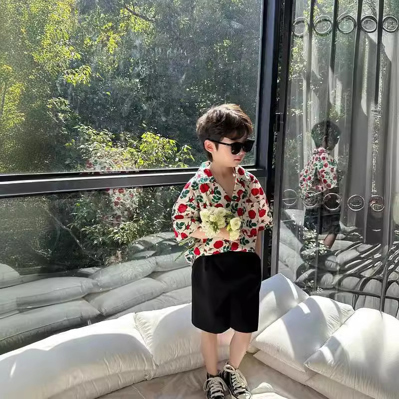 Picture of Boys Flower Shirt suit Summer 2024 New Baby Top Fried Street Handsome Children's Short-sleeved Shirt Trendy