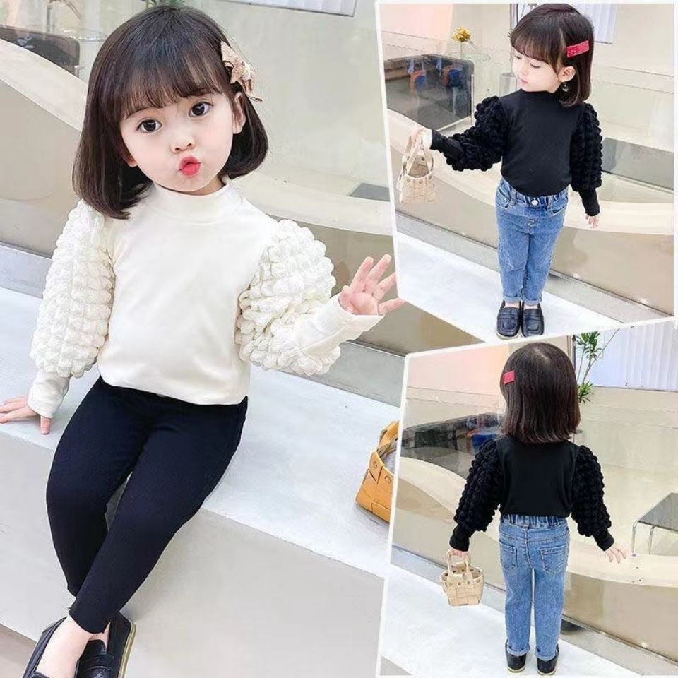 Picture of Girls' Base Shirt Spring and Autumn 2024 Half-High Collar Puff Sleeve Thickened Children's Long-Sleeve T-Shirt Baby Girl Top Cross-Border