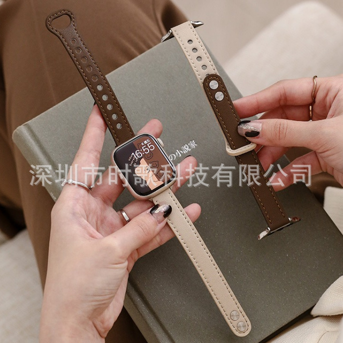 Picture of For Apple Watch Strap Ultra Fine Double Nail Color-matching Real Cowhide Small Barbarian Waist applewatch10 Strap Wholesale
